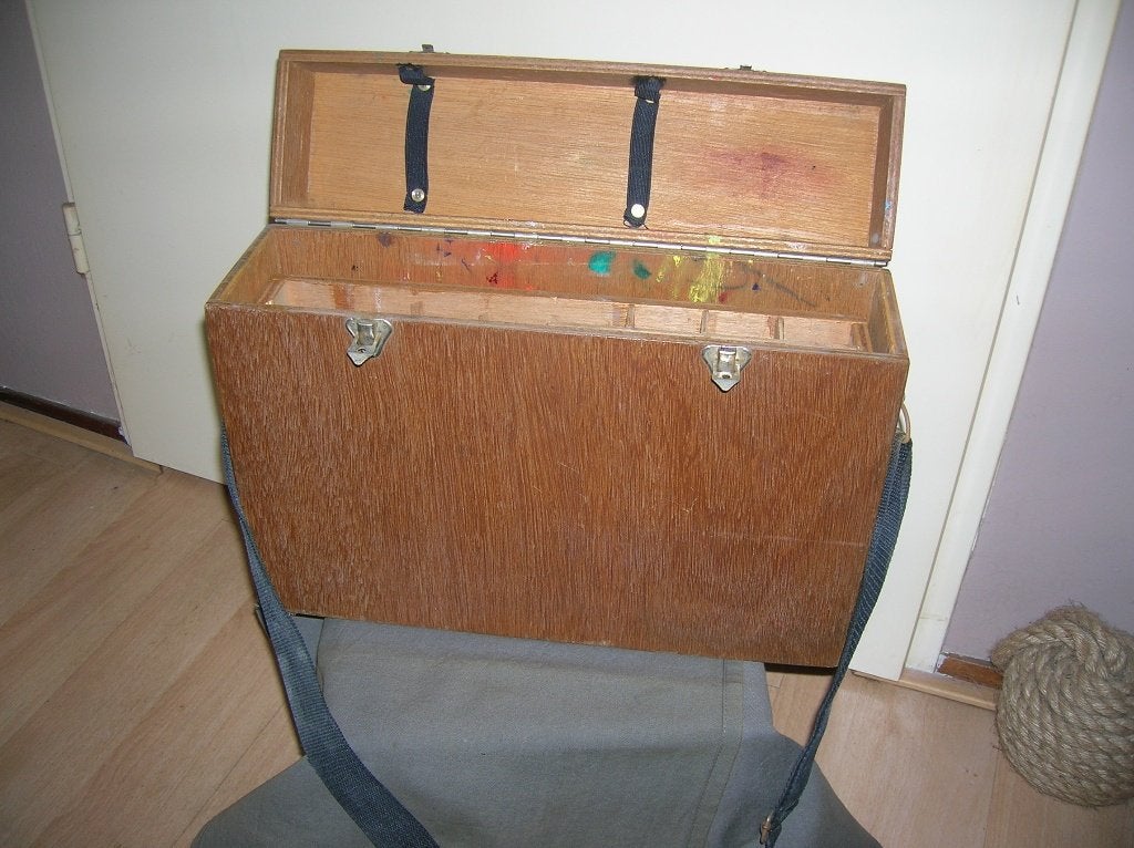 houten schilderskist met inzetbakje / draagband, Hobby en Vrije tijd, Schilderen, Ophalen of Verzenden, Gebruikt, Overige typen