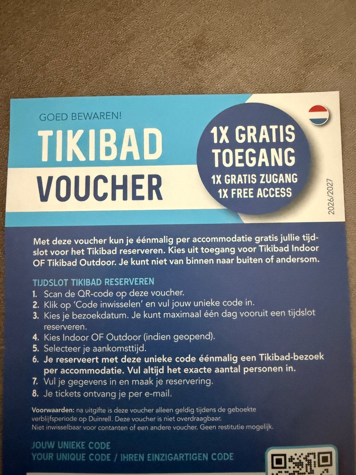 Tikibad duinrell voucher 8 pers lees goed!!, Ophalen of Verzenden, Zo goed als nieuw, Overige typen
