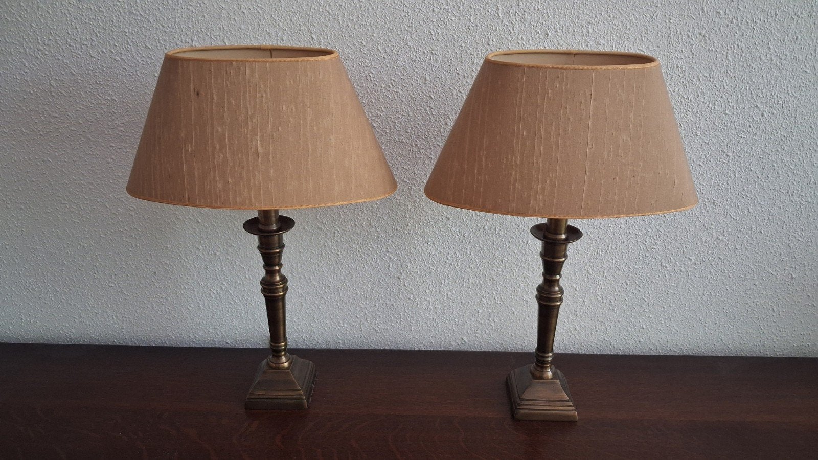 Klassieke set van 5 bronzen/koperkleurige schemerlampen, Overige merken, Gebruikt, E27 (groot), Antiek