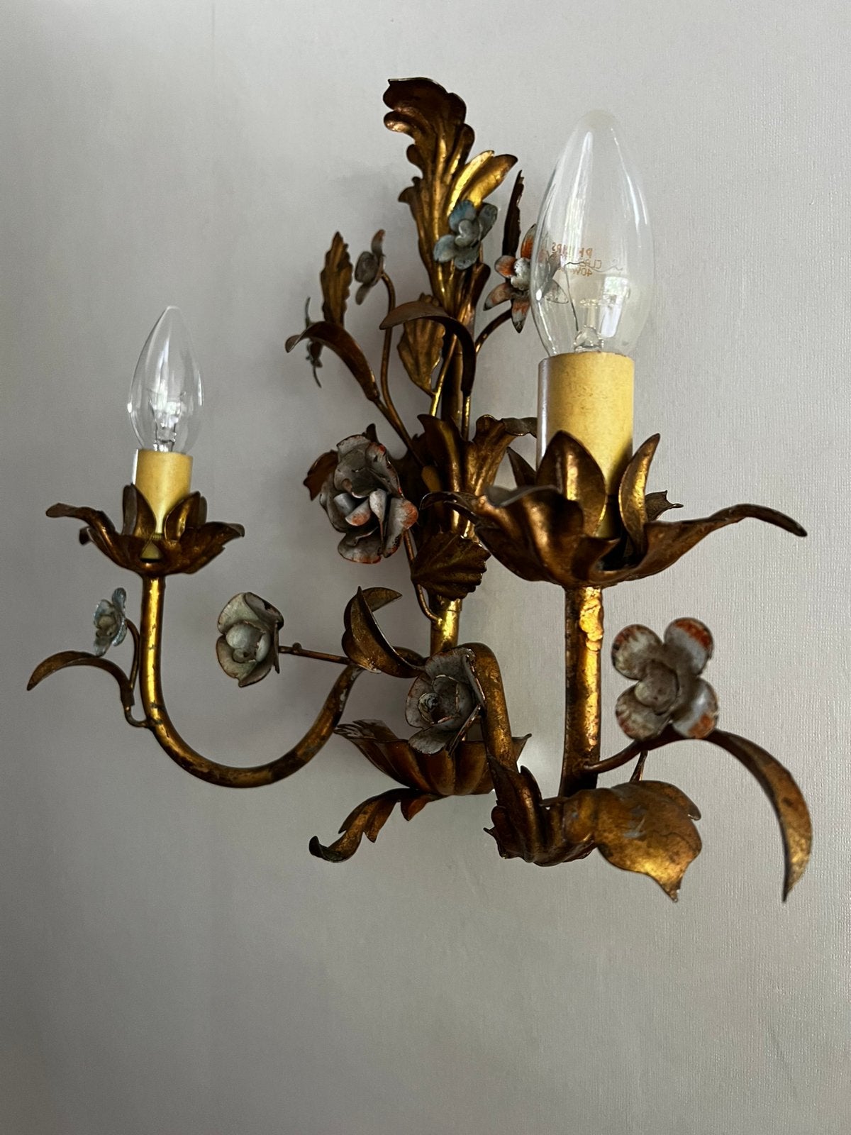 Vintage Florentijns Italy Wandlamp Verguld Bloemen 50’s, Ophalen of Verzenden