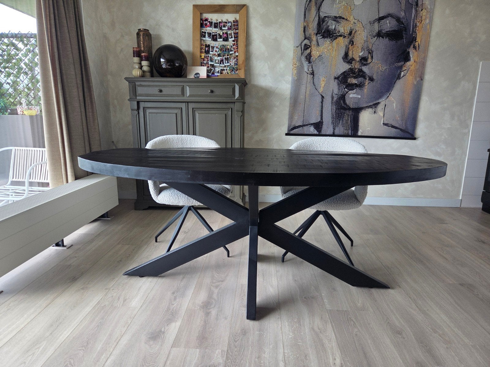 Ovale eettafel mangohout met kruispoot, Huis en Inrichting, 100 tot 150 cm, 200 cm of meer, Zo goed als nieuw, Ovaal