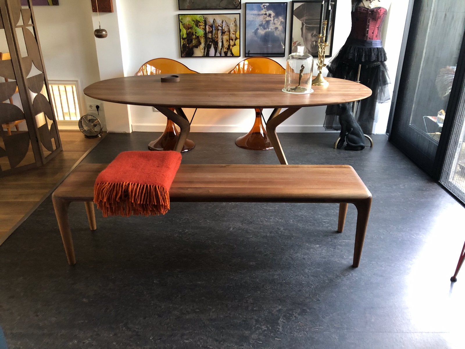 Design eettafel en bankje, Ophalen, Zo goed als nieuw, Rechthoekig, 200 cm of meer