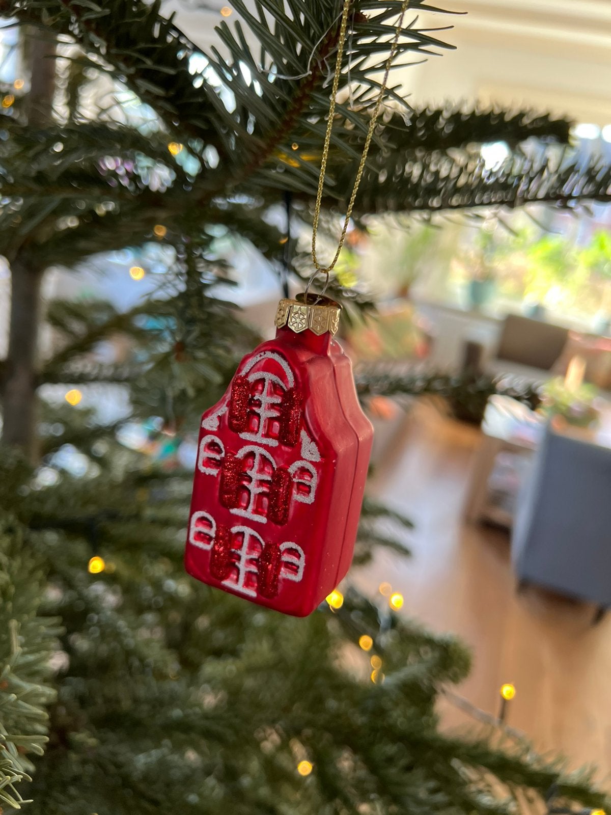Glazen Kerstboom hanger kerstbal rood grachtenpand, Ophalen of Verzenden