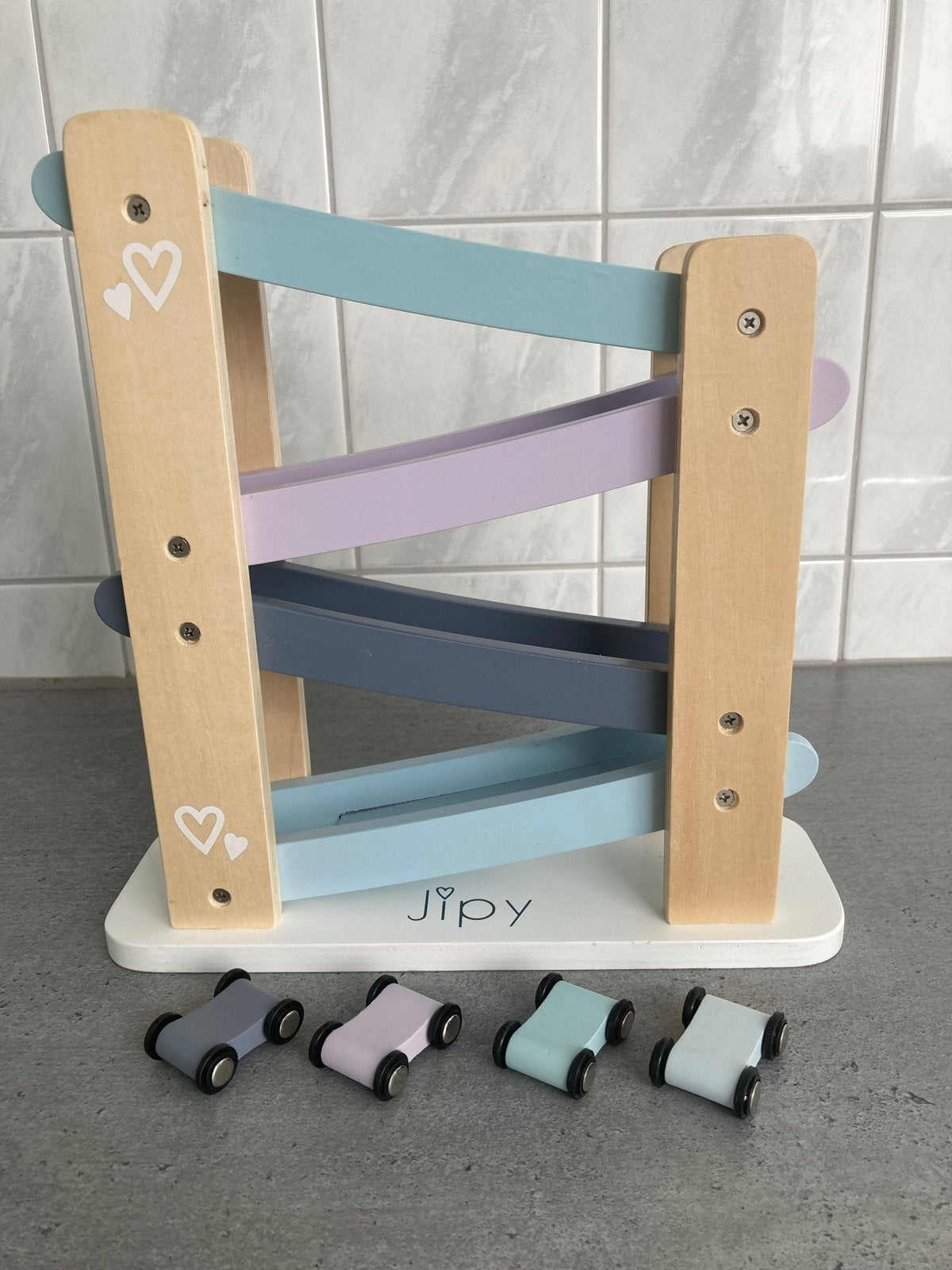 Jipy Houten Auto Racebaan met 4 Auto's, Ophalen of Verzenden, Gebruikt, Auto, Met wieltjes