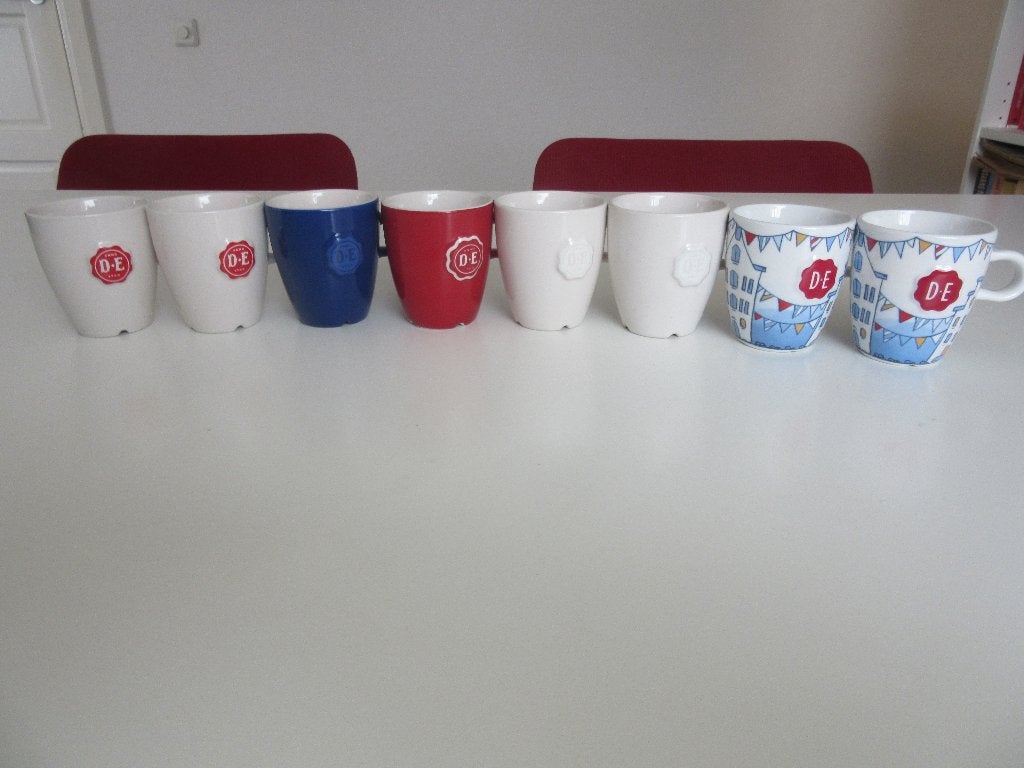 8x Douwe Egberts D.E. senseo logo burendag mok beker kop, Overige materialen, Overige merken, Zo goed als nieuw, Overige stijlen