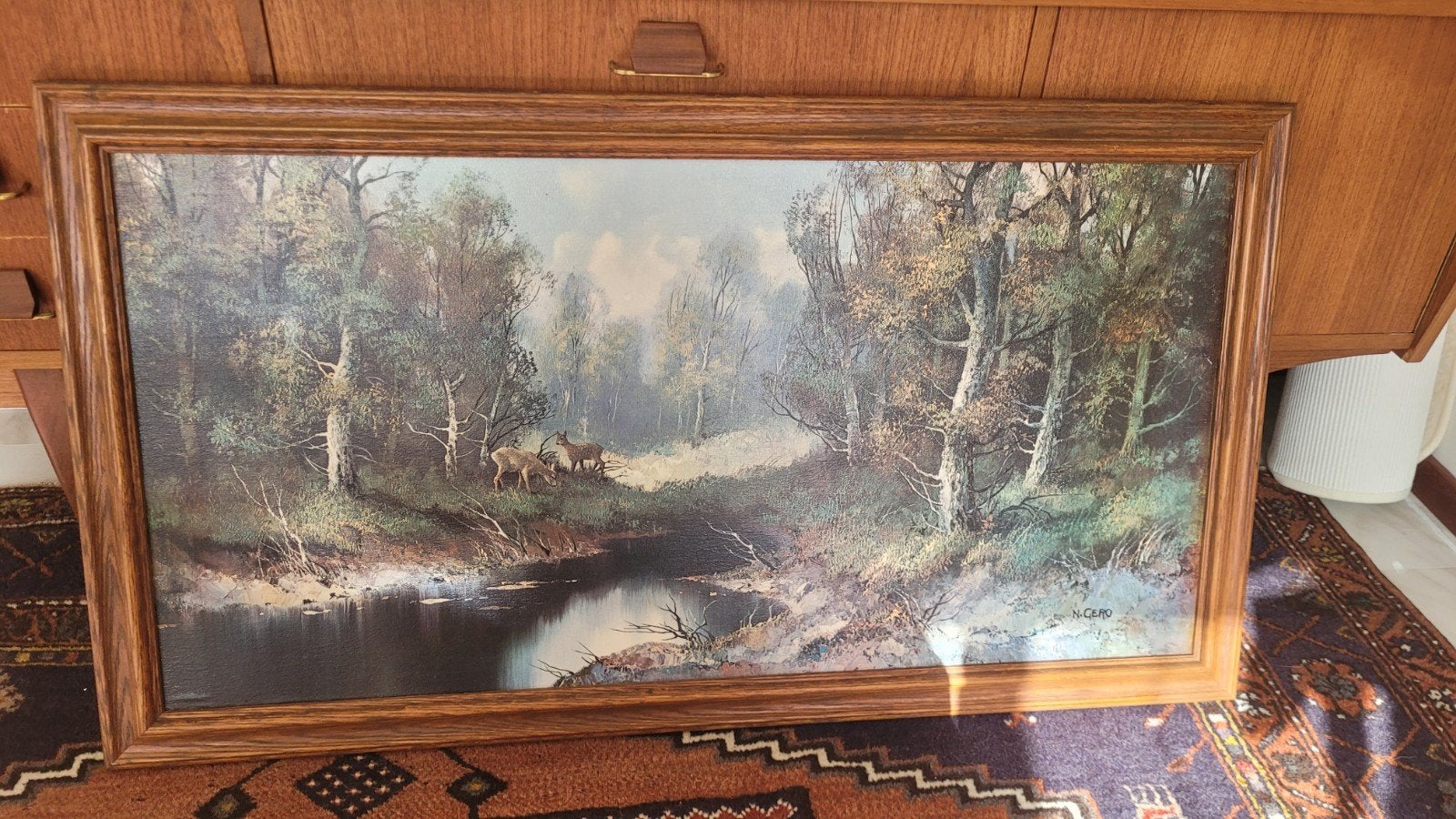 Schilderij: Boslandschap met herten aan het water, Doek, Realistisch, Ophalen of Verzenden, Landschap