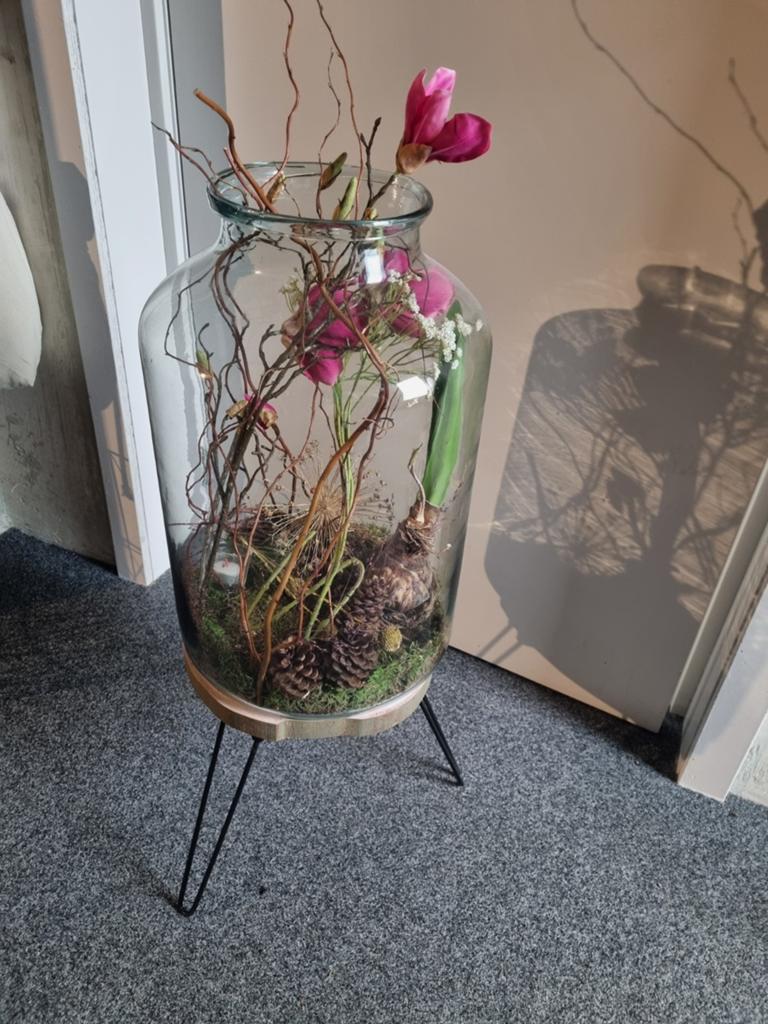 Grote glazen vaas incl bloemen +gratis bijzet tafeltje €25, Ophalen, Overige kleuren, 50 tot 75 cm, Glas