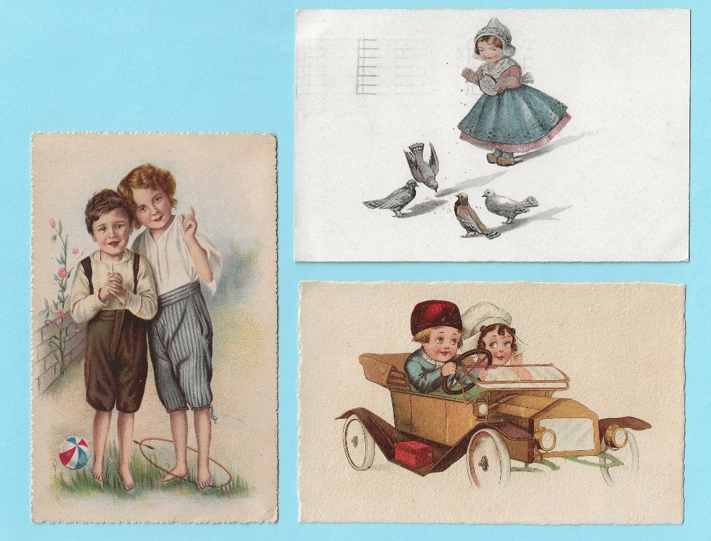 Meisje met duiven - jongens met hoepel - kinderen in auto, Ophalen of Verzenden, Voor 1920, Gelopen, Kinderen
