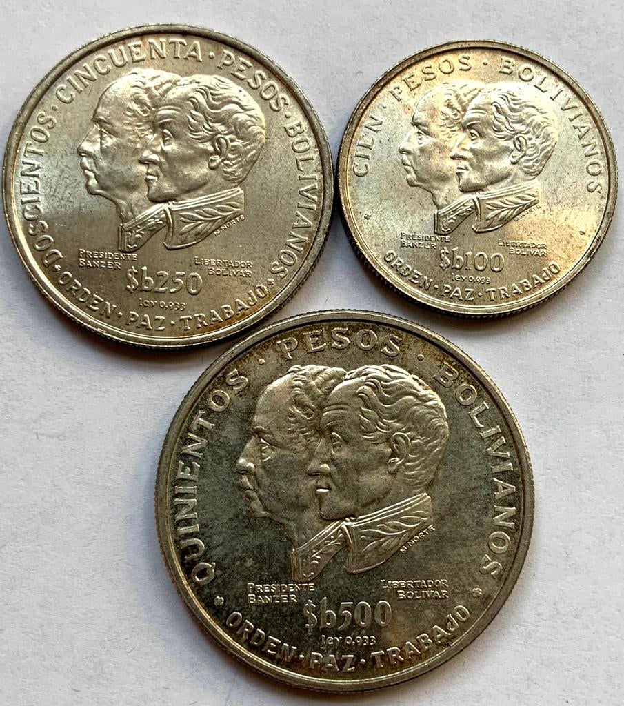 Bolivia 100 250 en 500 Pesos 1975 UNC zilver - compl. Serie, Ophalen of Verzenden, Zuid-Amerika, Zilver