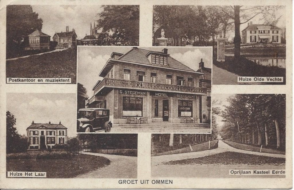 Ommen (Ov.) Hotel Stegeman, Auto, Postkantoor, Muziektent, Ophalen of Verzenden, 1920 tot 1940, Ongelopen, Overijssel