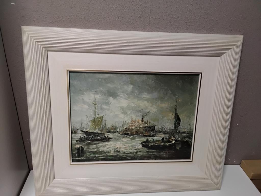 Olieverfschilderij havengezicht met schepen, Ophalen