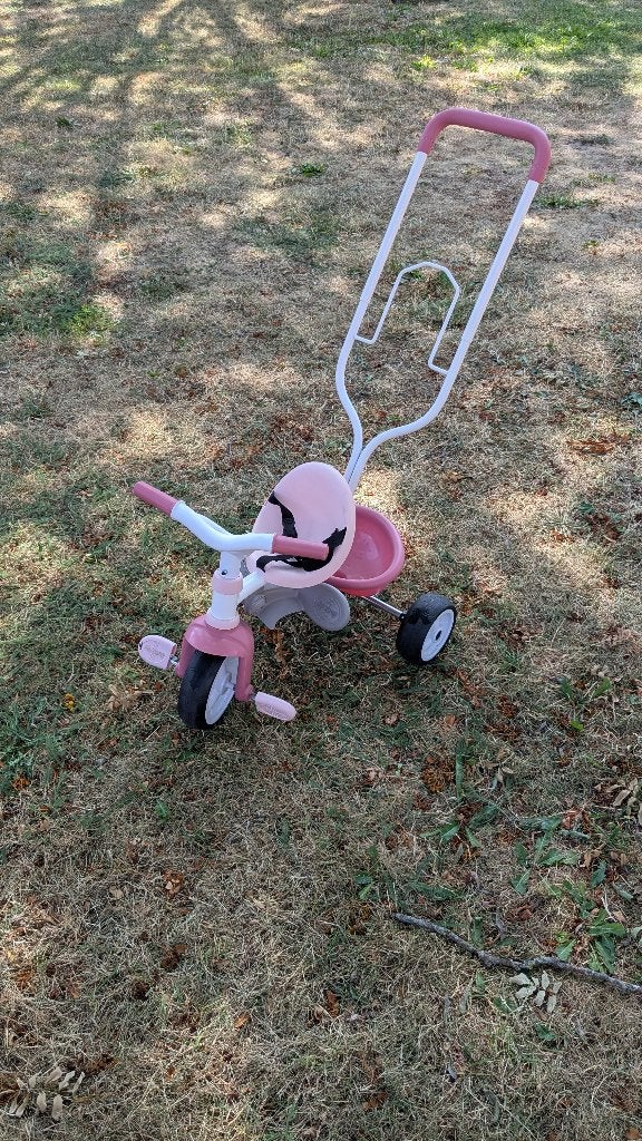 Smoby roze-witte driewieler met duwstang, Ophalen, Gebruikt, Smoby, Duwstang