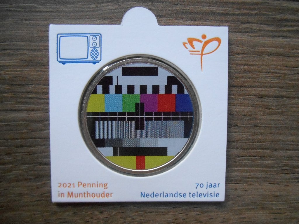70 jaar Nederlandse televisie penning in bedrukte munthouder, Ophalen of Verzenden, Overige materialen, Nederland
