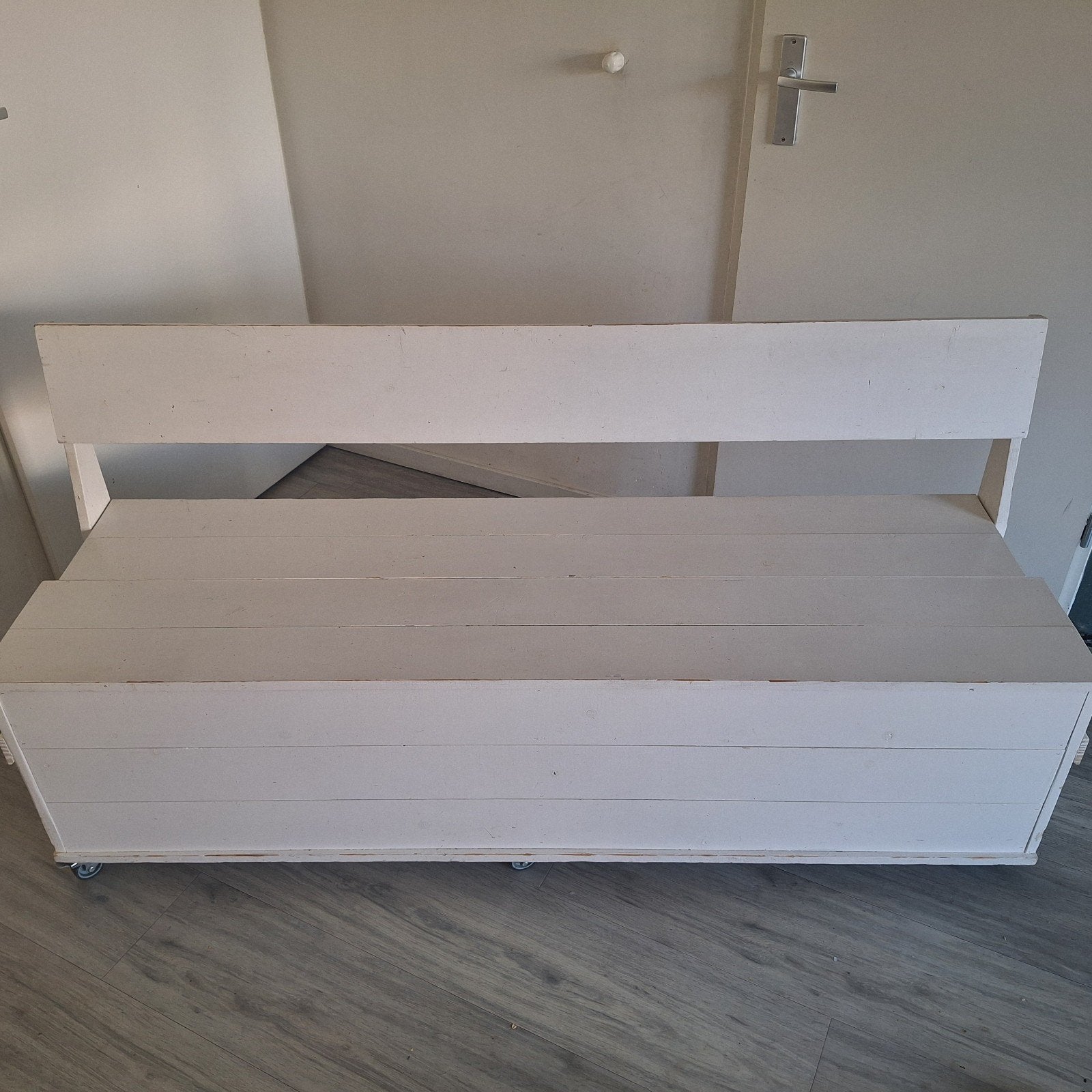 Witte houten bank met opbergruimte(ca. 160x54x81), Gebruikt, Landelijk, Rustiek, 150 tot 200 cm, Driepersoons