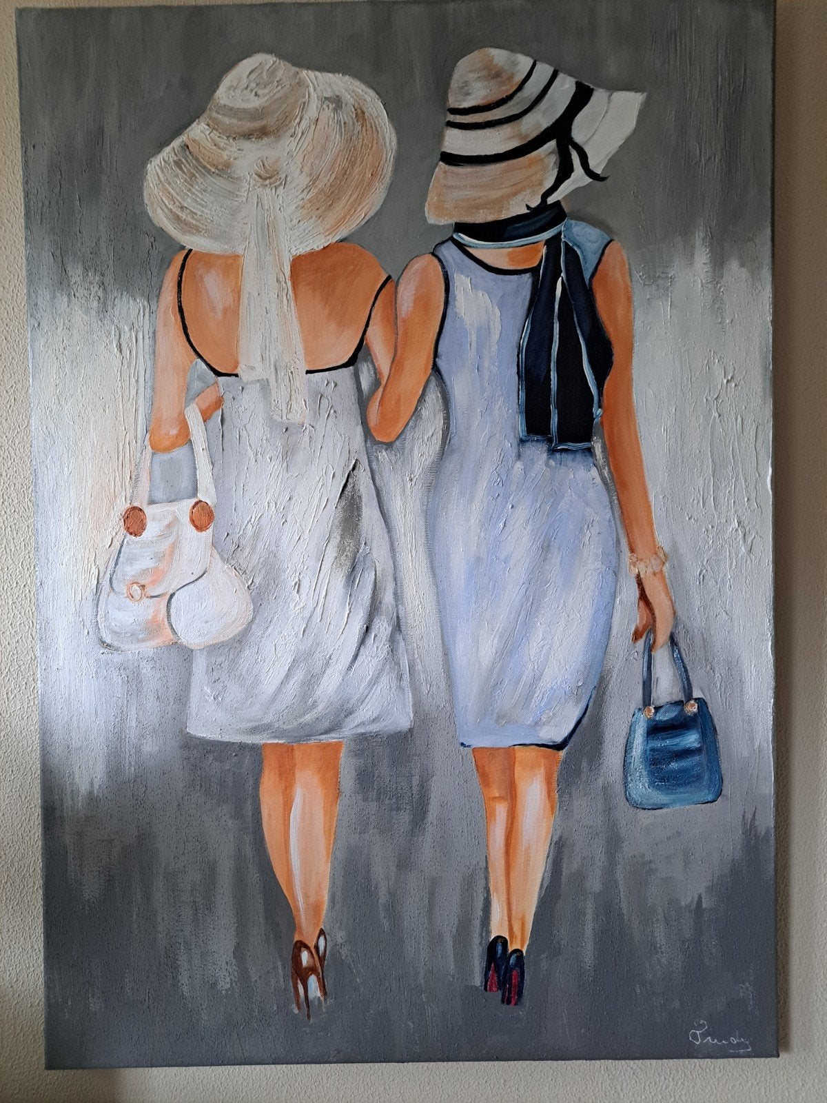Schilderij Dames met Hoeden - 100x70 cm, Ophalen, Figuren, Handgeschilderd, Olieverf