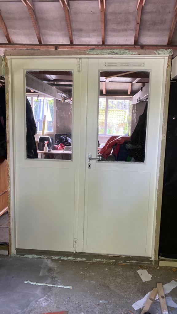 Dubbele Binnendeur met Glas - Gebruikt, Doe-het-zelf en Verbouw, Deuren en Horren, Gebruikt, Buitendeur, 200 tot 215 cm, Hout
