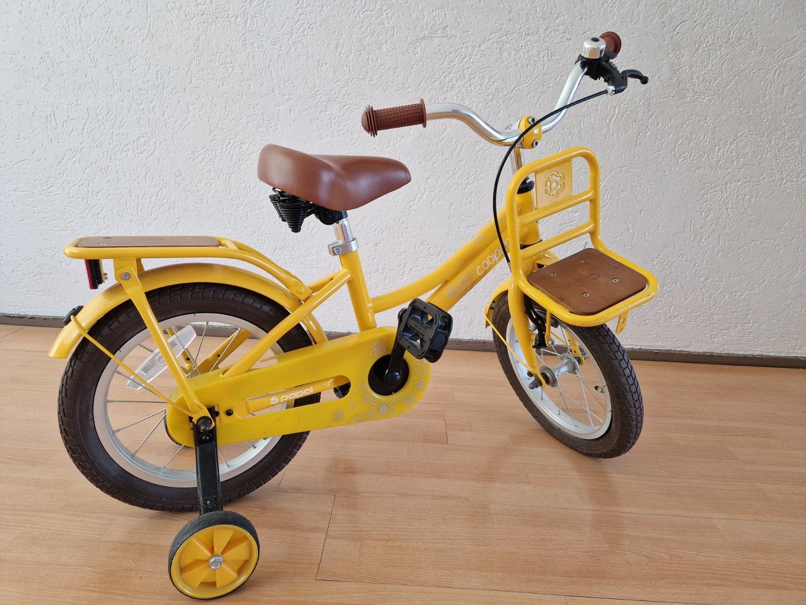 kinderfiets geel popal cooper met zijwieltjes bloemetjes, Ophalen, Zijwieltjes, Popal, Minder dan 16 inch