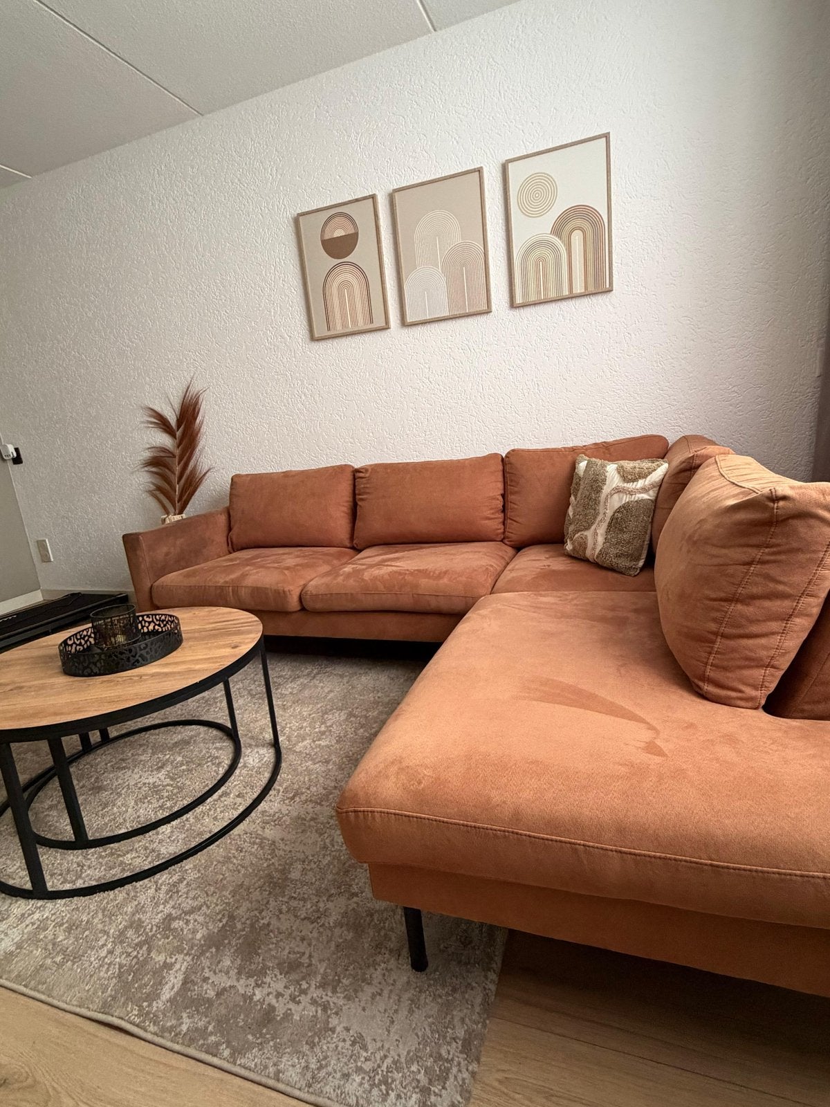 Comfortabele hoekbank in warme terracotta kleur, 250 tot 300 cm, Gebruikt, 100 tot 125 cm, Hoekbank