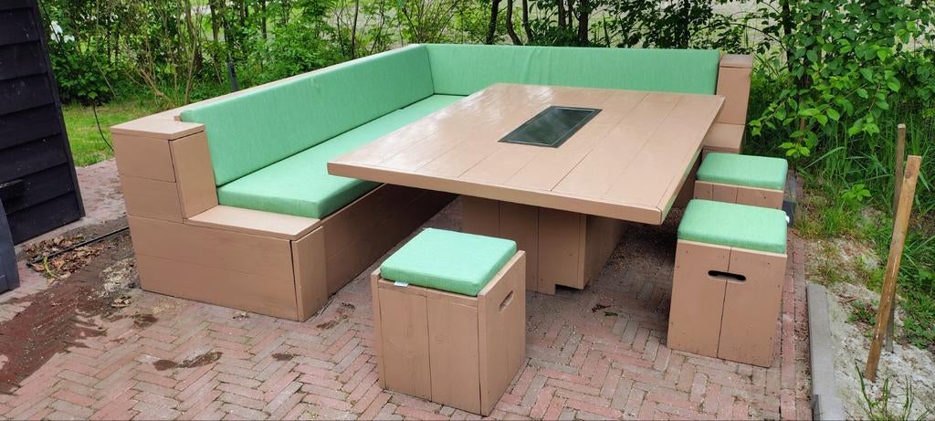 Steigerhouten loungeset met kussens en ingebouwde gashaard, Tuin en Terras, Tuinsets en Loungesets, Ophalen, Bank, Steigerhout