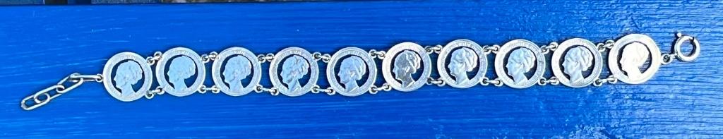 ARMBAND UITGEZAAGD ZILVER WILHELMINA DUBBELTJES  STIL VERZET, Ophalen of Verzenden, Zilver