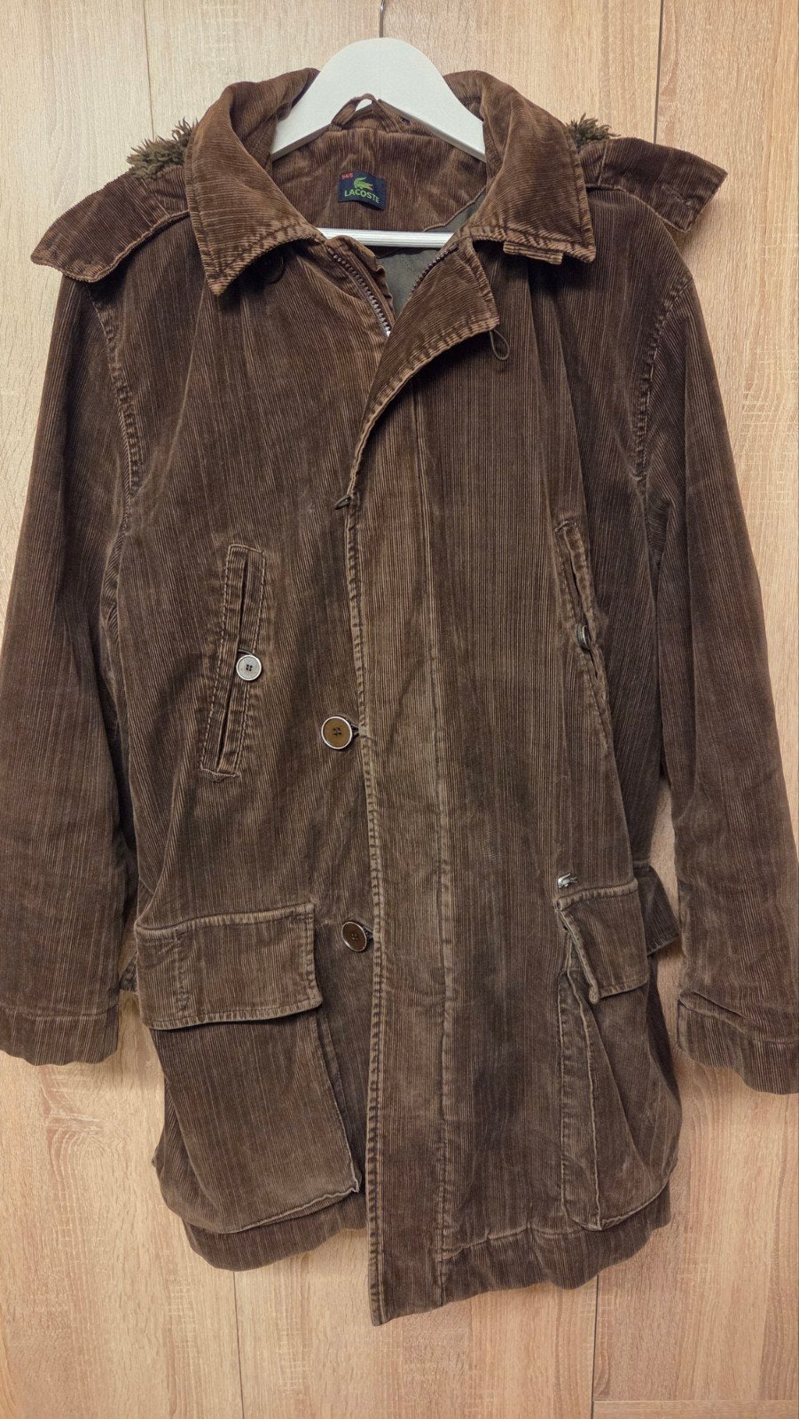 Vintage Lacoste Corduroy Winterjas - Maat 54/5 (XL), Bruin, Lacoste, Overige maten, Ophalen of Verzenden