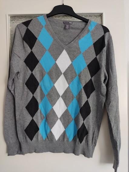 H&M heren pull over in ruit patroon en v-hals, Kleding | Heren, Truien en Vesten, Gedragen, Verzenden, Maat 48/50 (M), Grijs