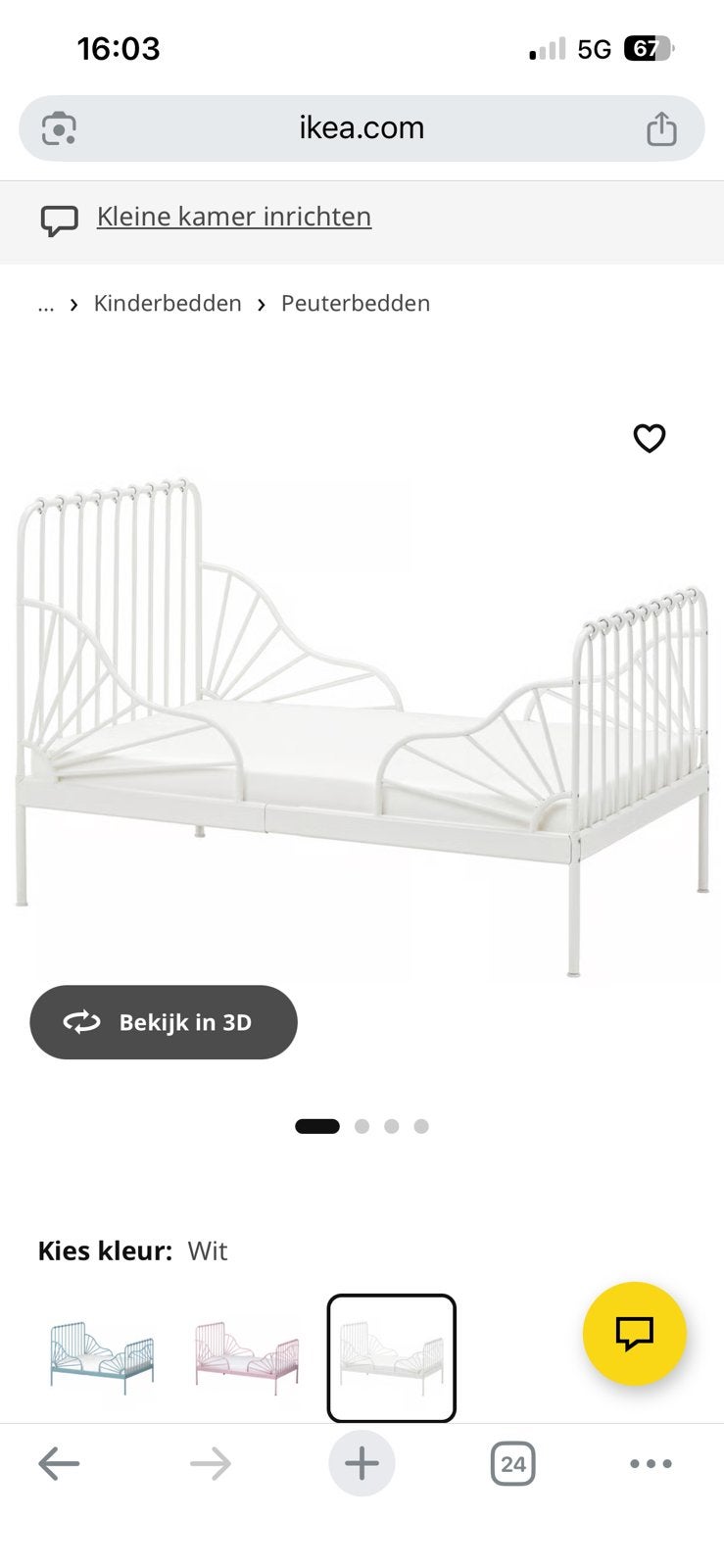 Meegroeibed Minne ikea - wit, Kinderen en Baby's, Kinderkamer | Bedden, Ophalen, Gebruikt, 70 tot 85 cm, Lattenbodem
