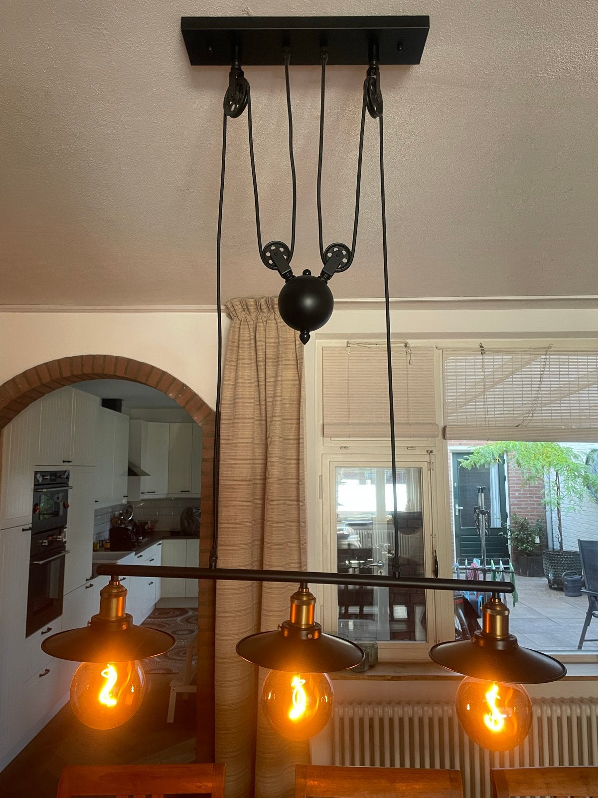 Industriële hanglamp met katrollen en 3 lampen, Ophalen, Gebruikt, Metaal, E27 (groot)