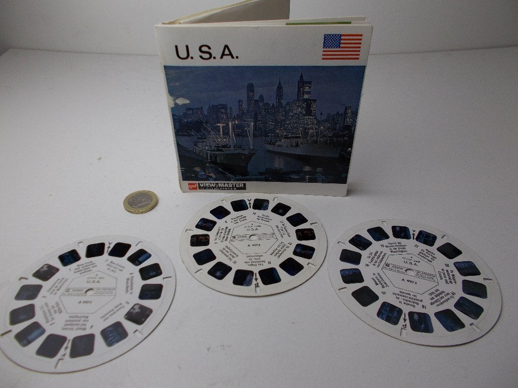 Vintage VIEWMASTER REELS 3 x U.S.A. +Nederlandstalig boekje!, Ophalen of Verzenden, Zo goed als nieuw