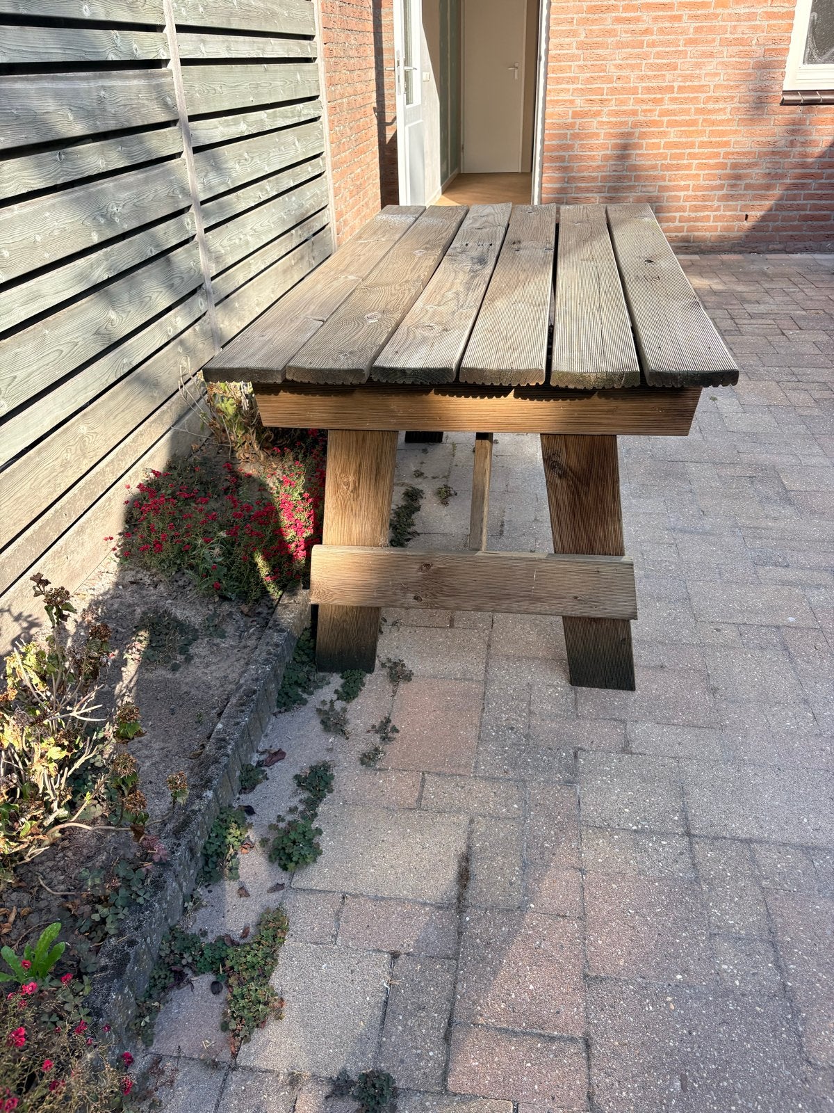 houten picknicktafel met losse banken, Ophalen, Gebruikt, Rechthoekig, Hout