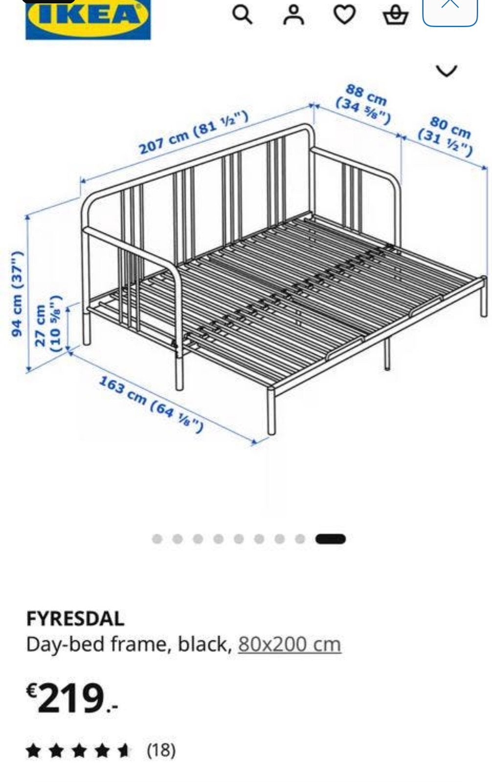 IKEA fyresdal logeerbed, Ophalen, 90 cm, Eenpersoons, Zwart