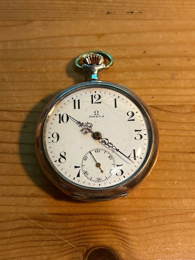 Omega Antiek Zilveren Zakhorloge, Zakhorloge, 1900 tot 1930, Verguld, Ophalen of Verzenden