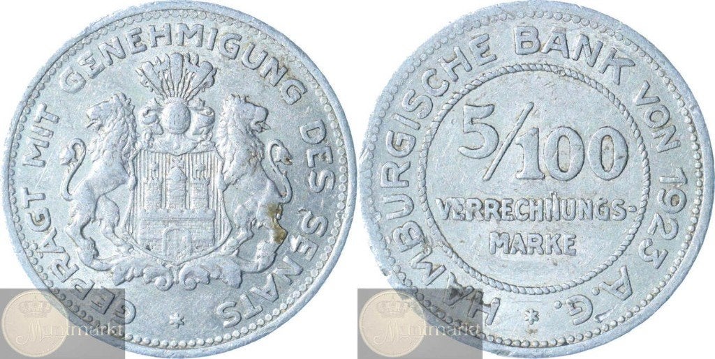 Duitsland - Hamburg Noodgeld 5/100 Verrekenpenning1923 J, Postzegels en Munten, Munten | Europa | Niet-Euromunten, Ophalen of Verzenden