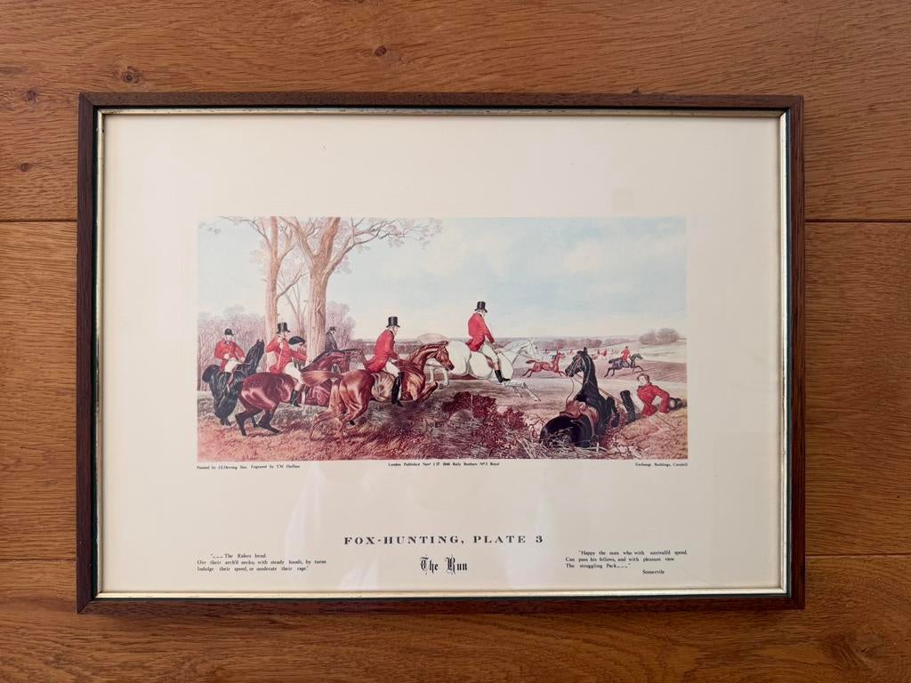 Ingelijste platen van de vossenjacht / slipjacht te paard, Antiek en Kunst, Ingelijst, Overige technieken, Ophalen of Verzenden