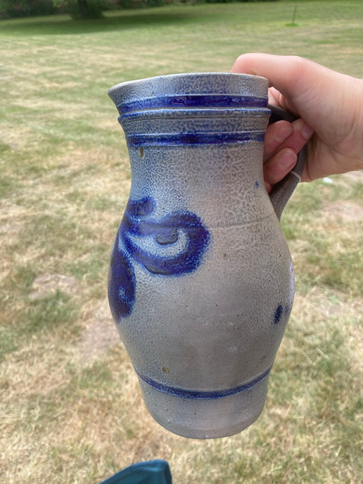 Vintage aardewerken kruik met blauw decor, Ophalen