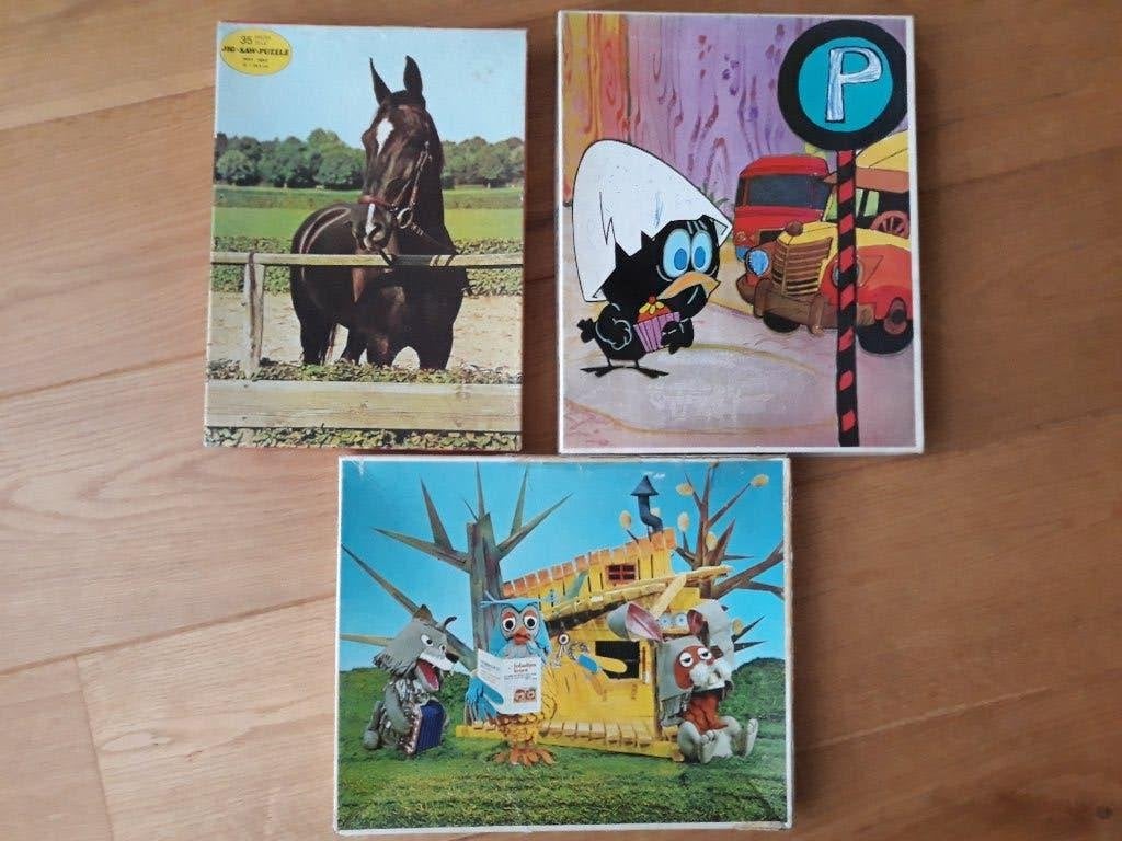 Puzzels uit de jaren 70 (Fabeltjeskrant, Calimero en paard), Ophalen of Verzenden, 10 tot 50 stukjes, Gebruikt, 4 tot 6 jaar