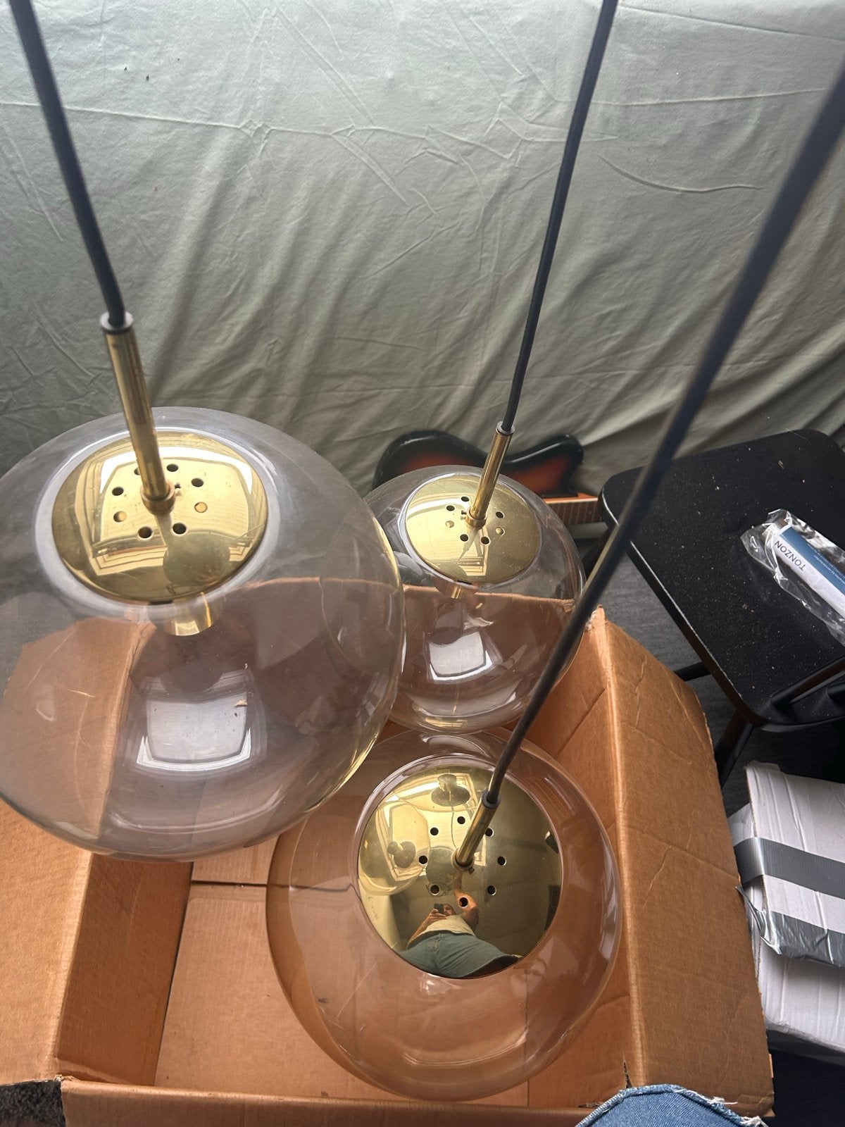 Moderne hanglamp met 3 glazen bollen, Ophalen of Verzenden, Gebruikt, Glas, E27 (groot)