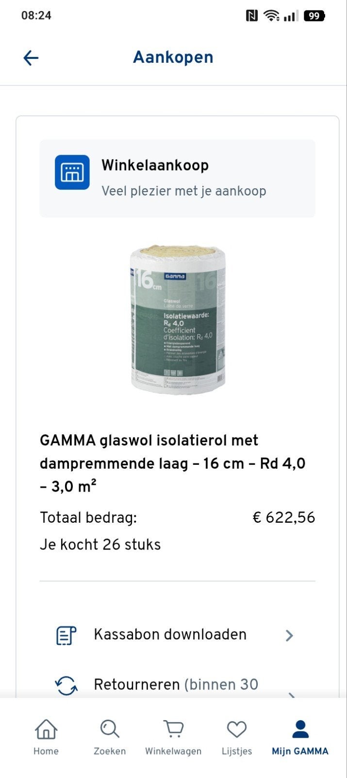 28 x GAMMA Glaswol RD04 isolatierol met dampremmende laag -, Doe-het-zelf en Verbouw, Ophalen, 12 cm of meer, Nieuw, 15 m² of meer
