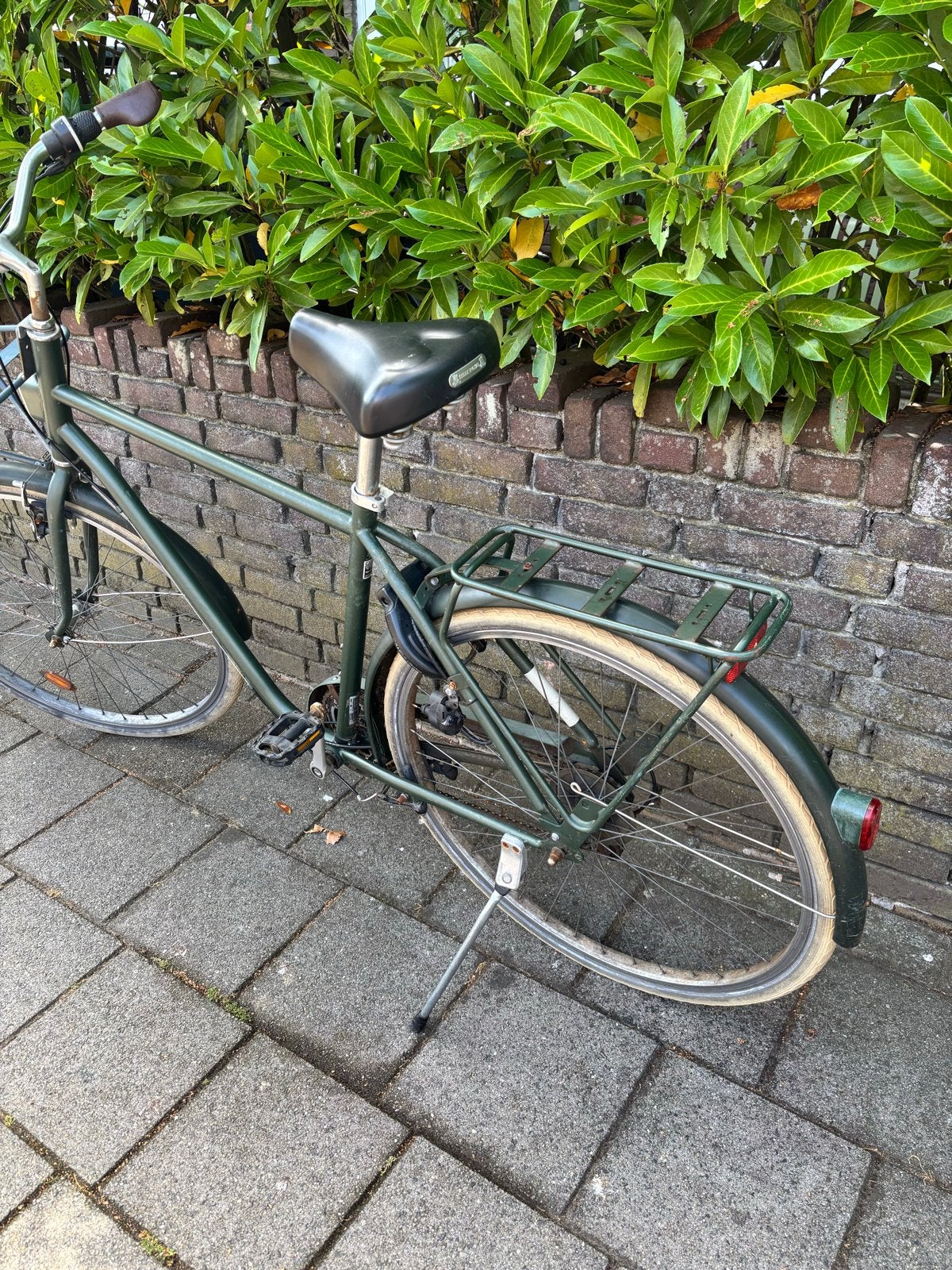 Groene stadsfiets met voordrager en bagagedrager, Gebruikt, Velgrem, Versnellingen, 53 tot 57 cm