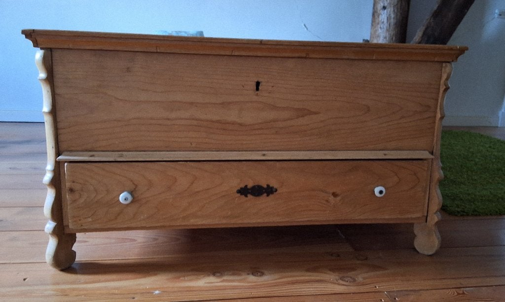 Antieke grenen houten dekenkist met vlak deksel 63x115x59 cm, Ophalen