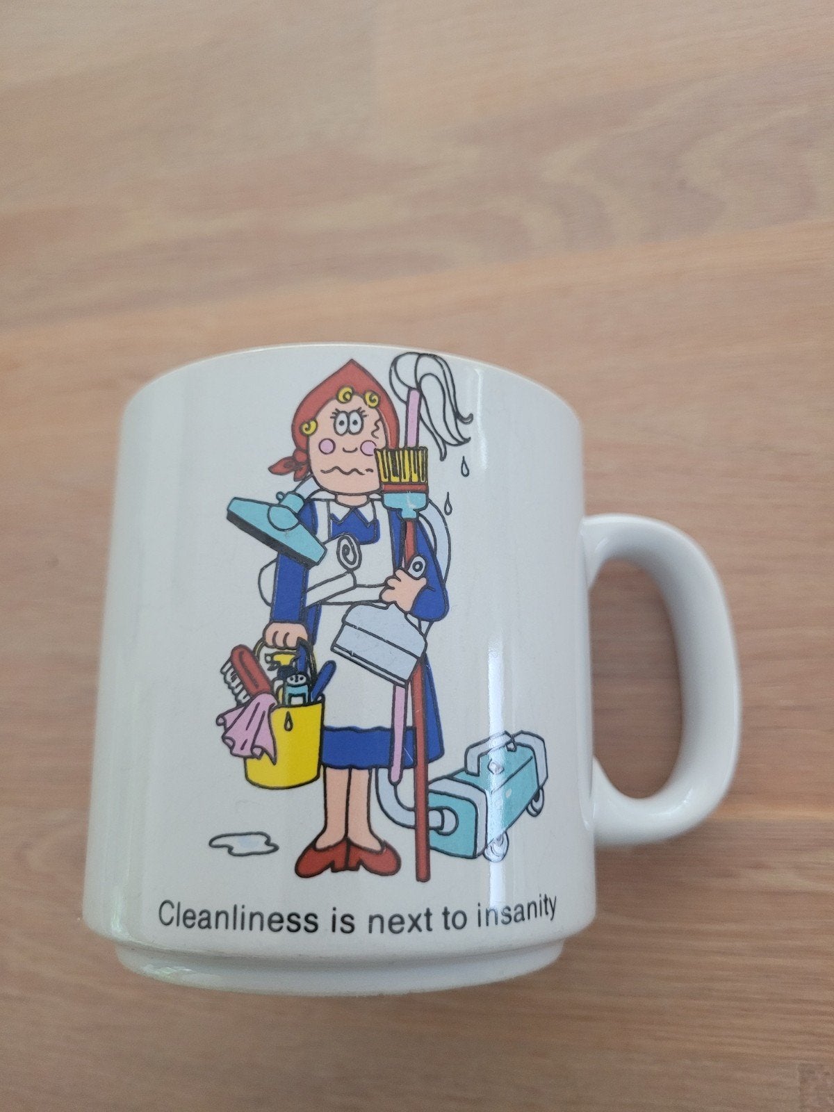vintage: grappige beker; "cleanliness is next to insanity", Ophalen of Verzenden, Zo goed als nieuw, Overige stijlen, Overige typen