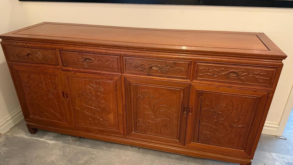 Aziatische dressoir kast met snijwerk van kersenhout, Ophalen, Aziatisch, Gebruikt, Met deur(en)