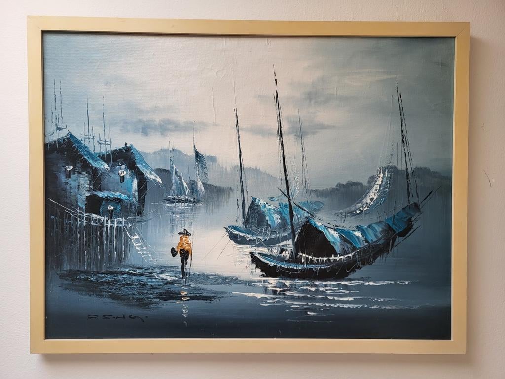 Schilderij 'Havenzicht' - Olieverf op doek, gesigneerd, Ophalen of Verzenden