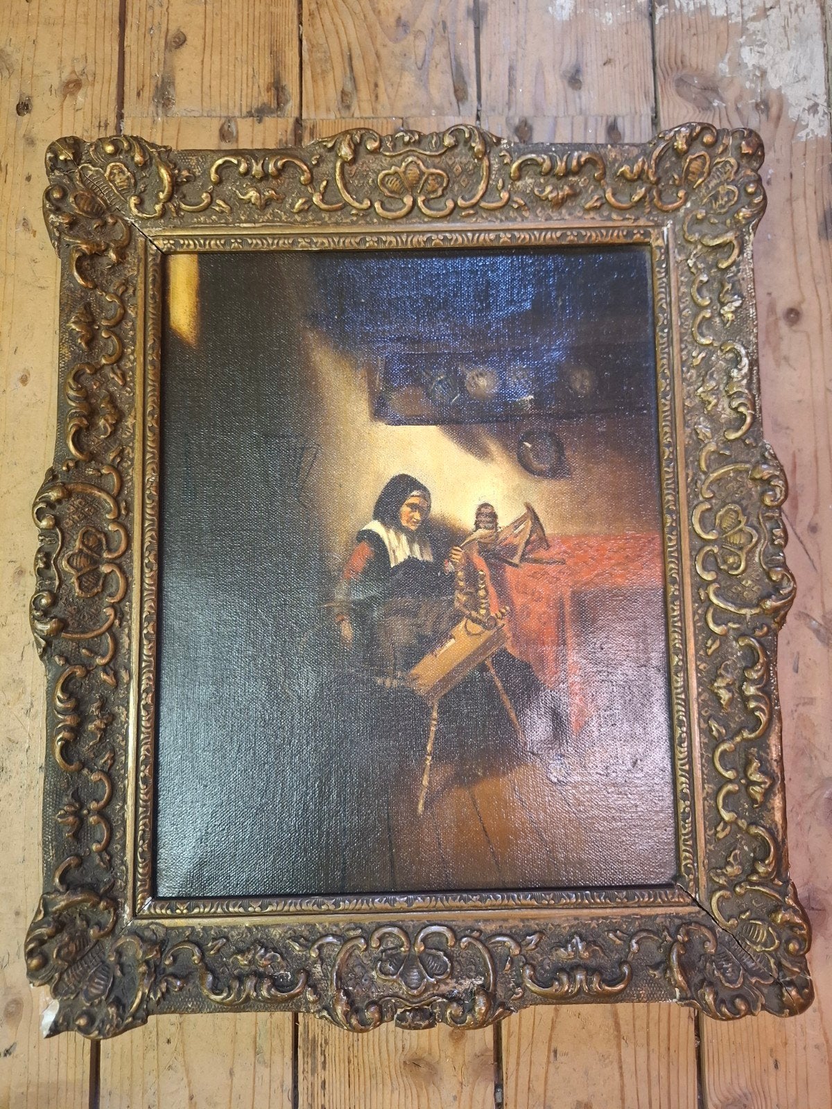 Oud Hollands schilderij: Vrouw aan het spinnewiel, Ophalen, Doek, Portret of Personen, Oud hollands
