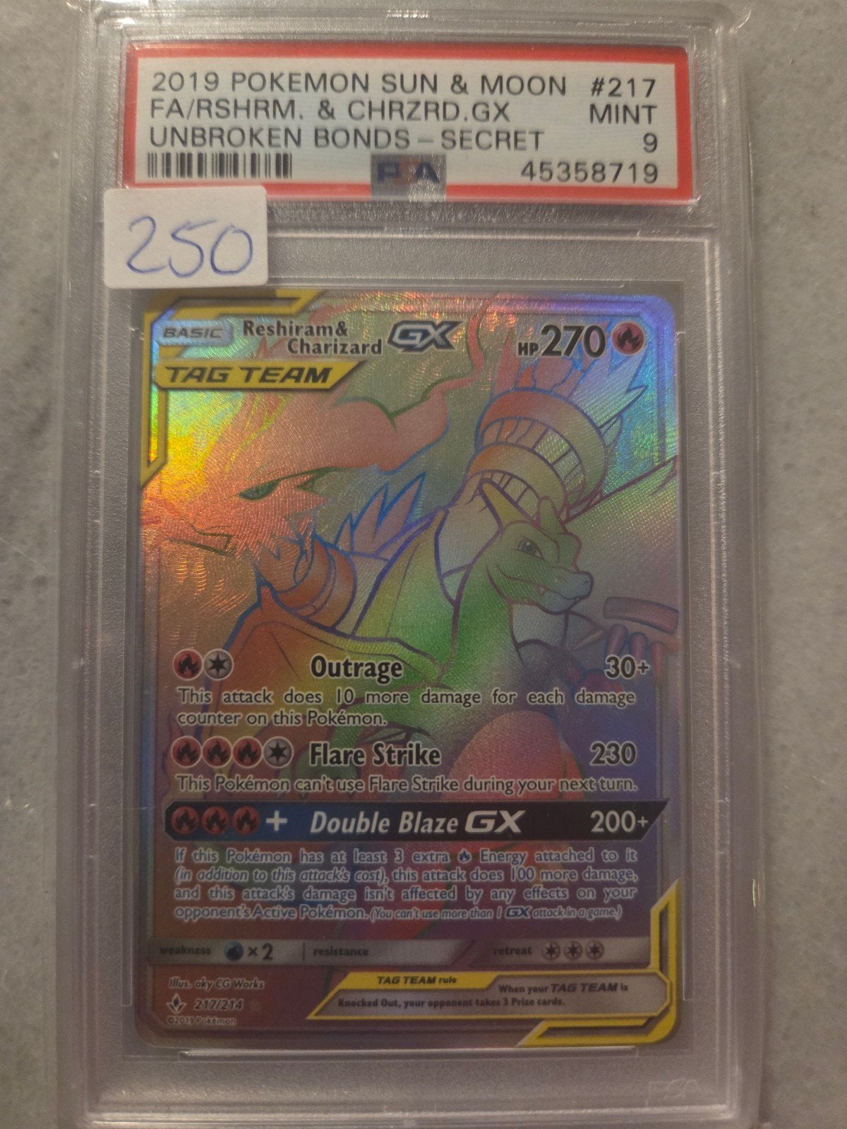 charizard & reshiram gx #217 psa 9, Ophalen of Verzenden, Zo goed als nieuw