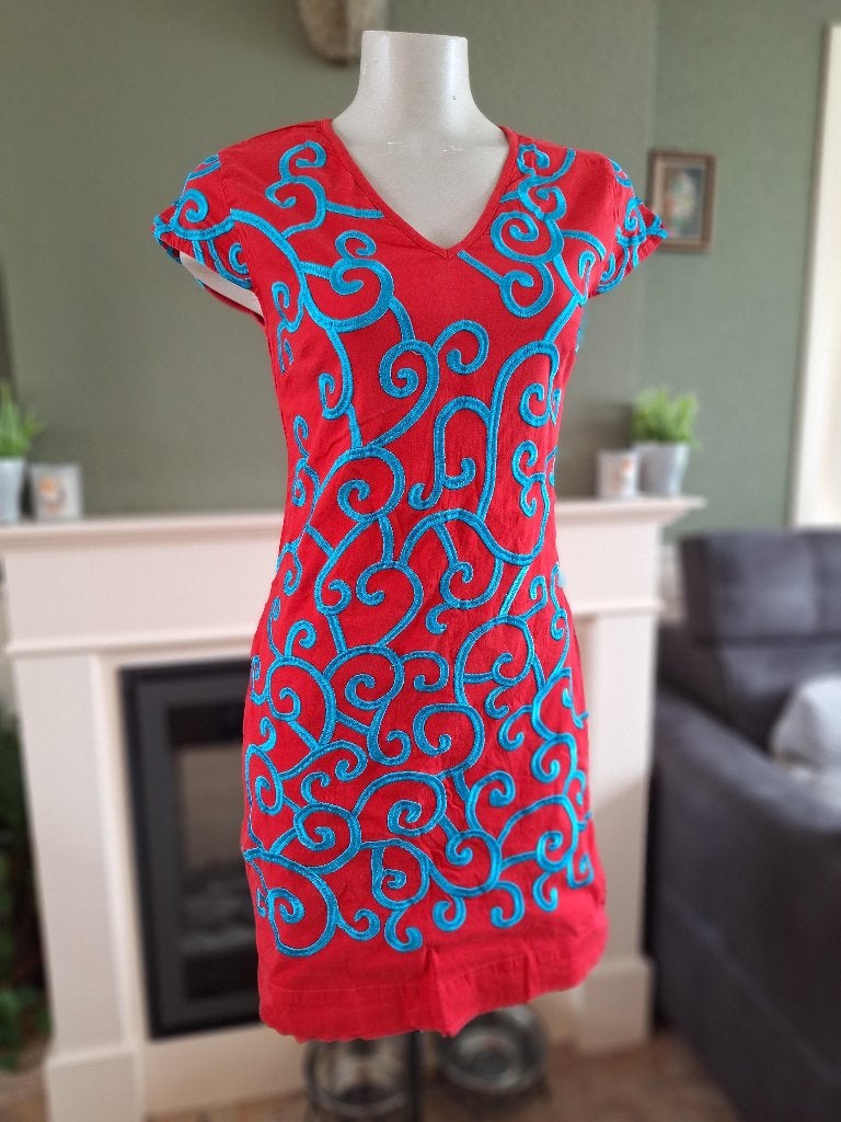 Almatrichi schitterend rood blauw jurk S 36 / 38, Kleding | Dames, Verzenden, Knielengte, Almatrichi, Maat 36 (S)