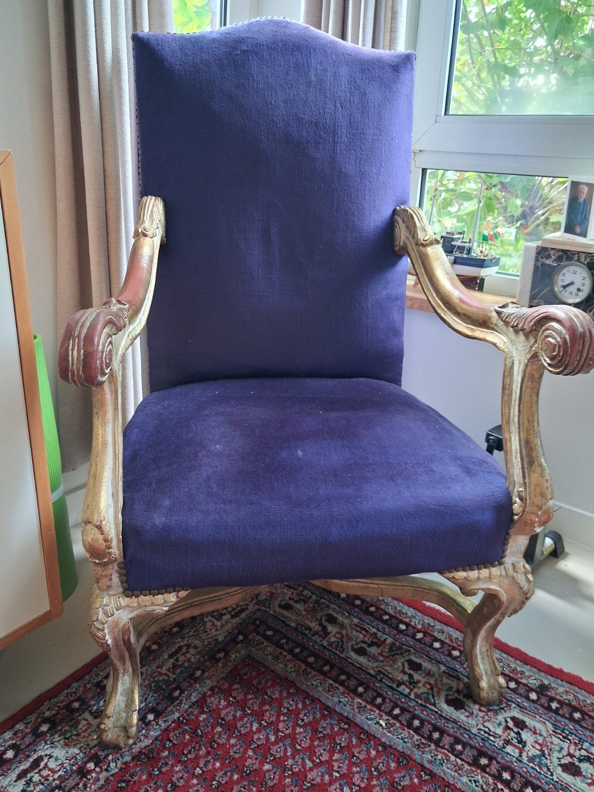 Antieke Barok Stijl Fauteuil - Paars Fluweel & Goud, Ophalen of Verzenden