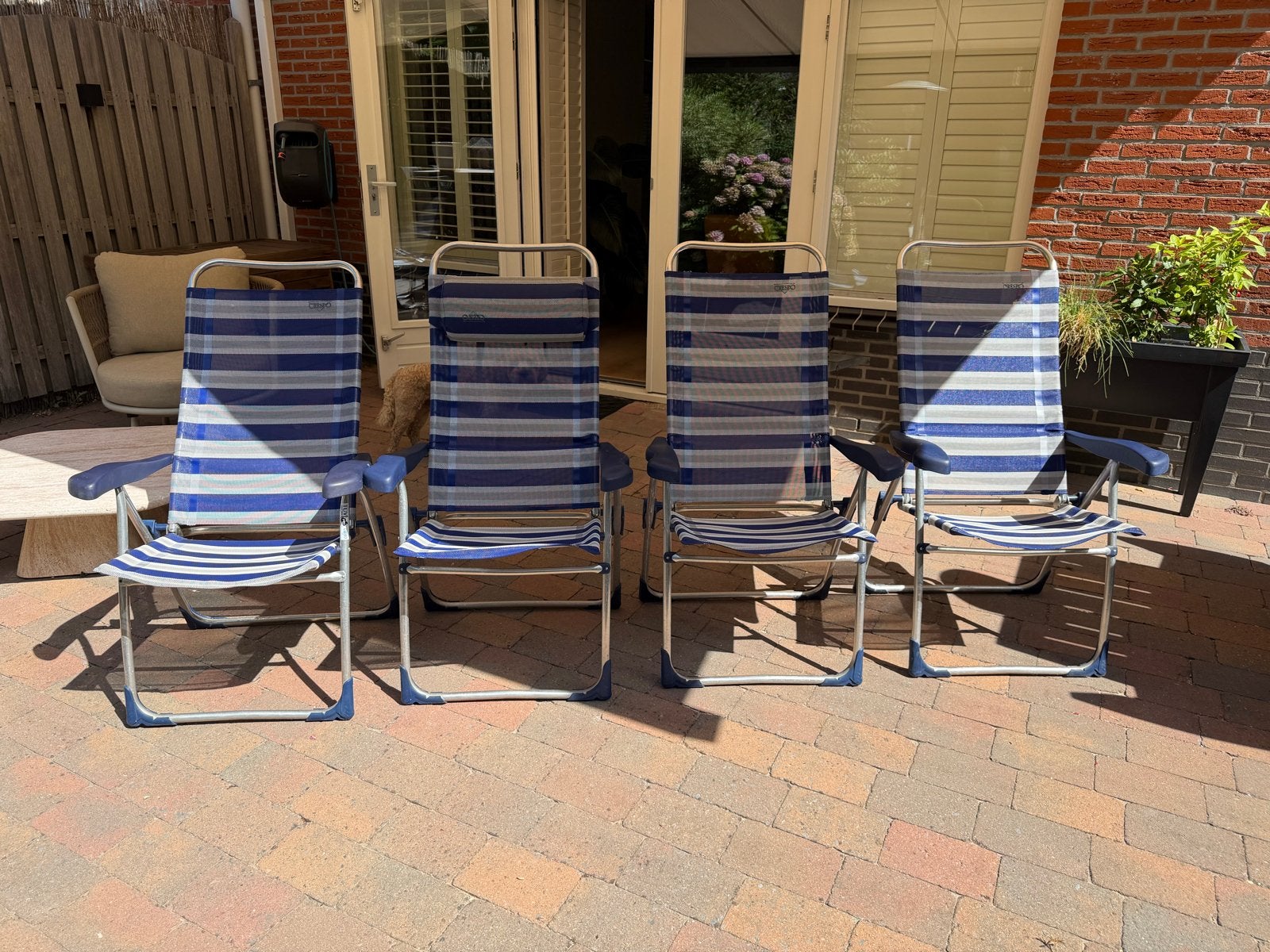 4x Opvouwbare  tuin/ campingstoelen - Blauw/wit gestreept, Ophalen, Gebruikt, Campingstoel