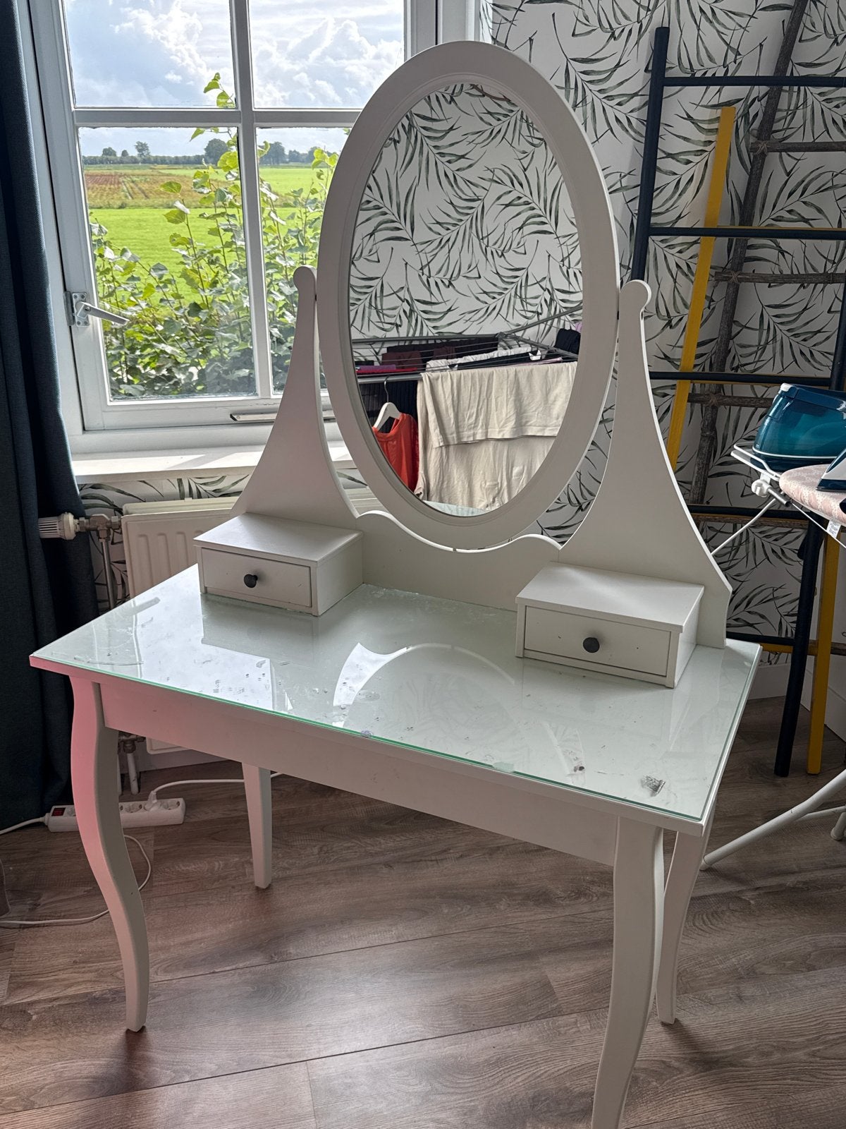 Witte IKEA kaptafel met spiegel en lades, Ophalen, Gebruikt, 100 tot 150 cm, 50 tot 100 cm