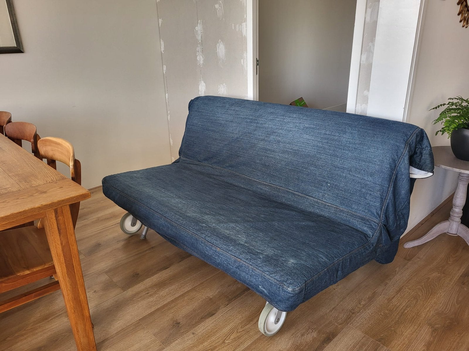 IKEA PS slaapbank (140 x 200) met spijkerstof hoes, Ophalen, Gebruikt, Blauw, Tweepersoons